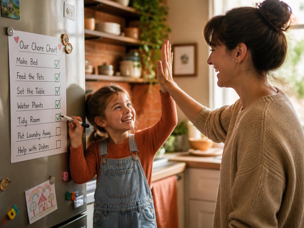 Parent and child high fiving in front of a chore chart