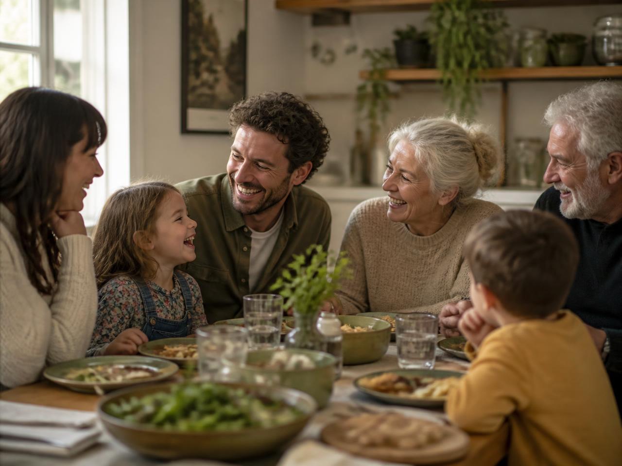 Family laughing together around the dinner table