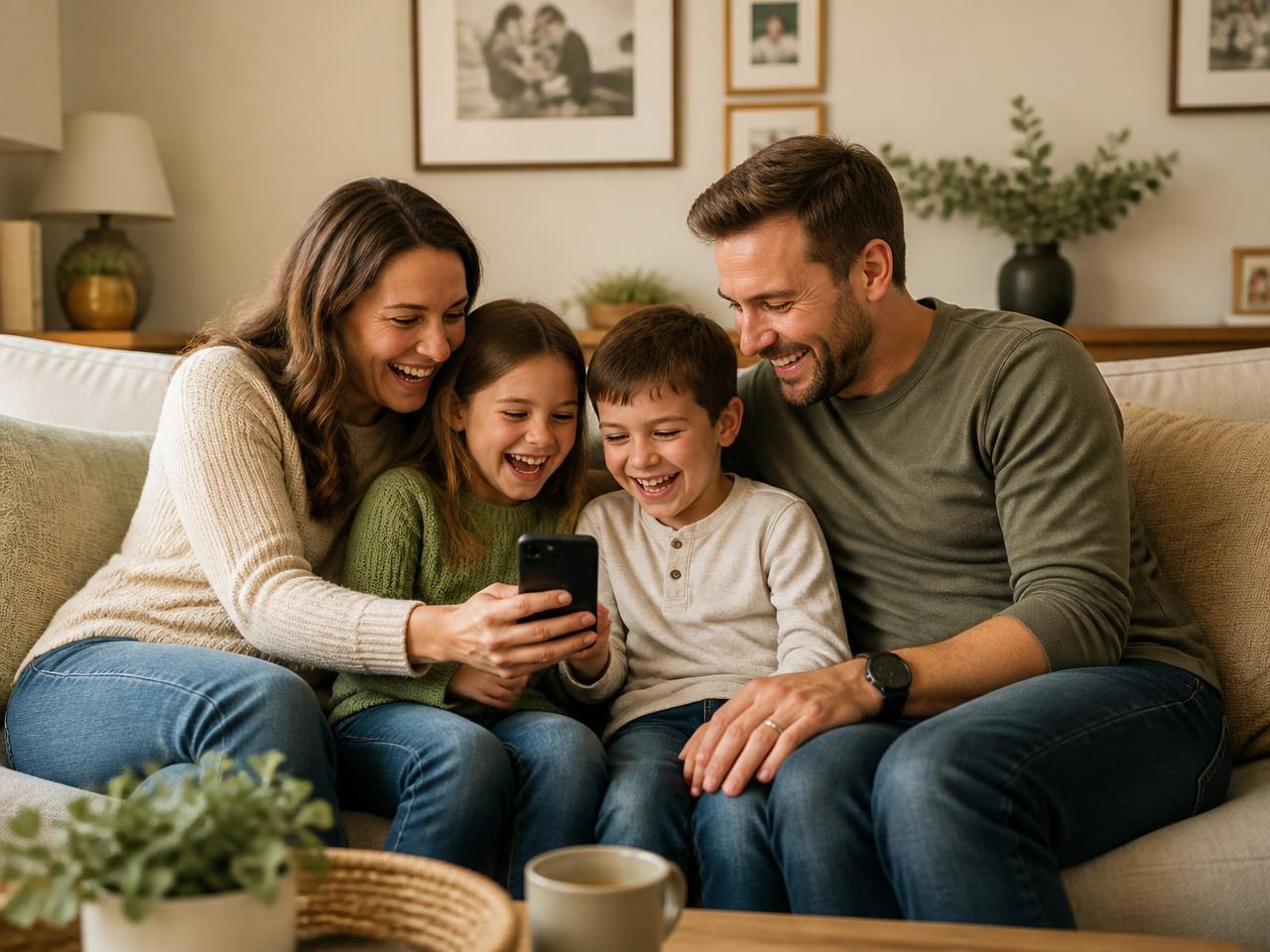 Parents and children laughing at a phone together on the sofa