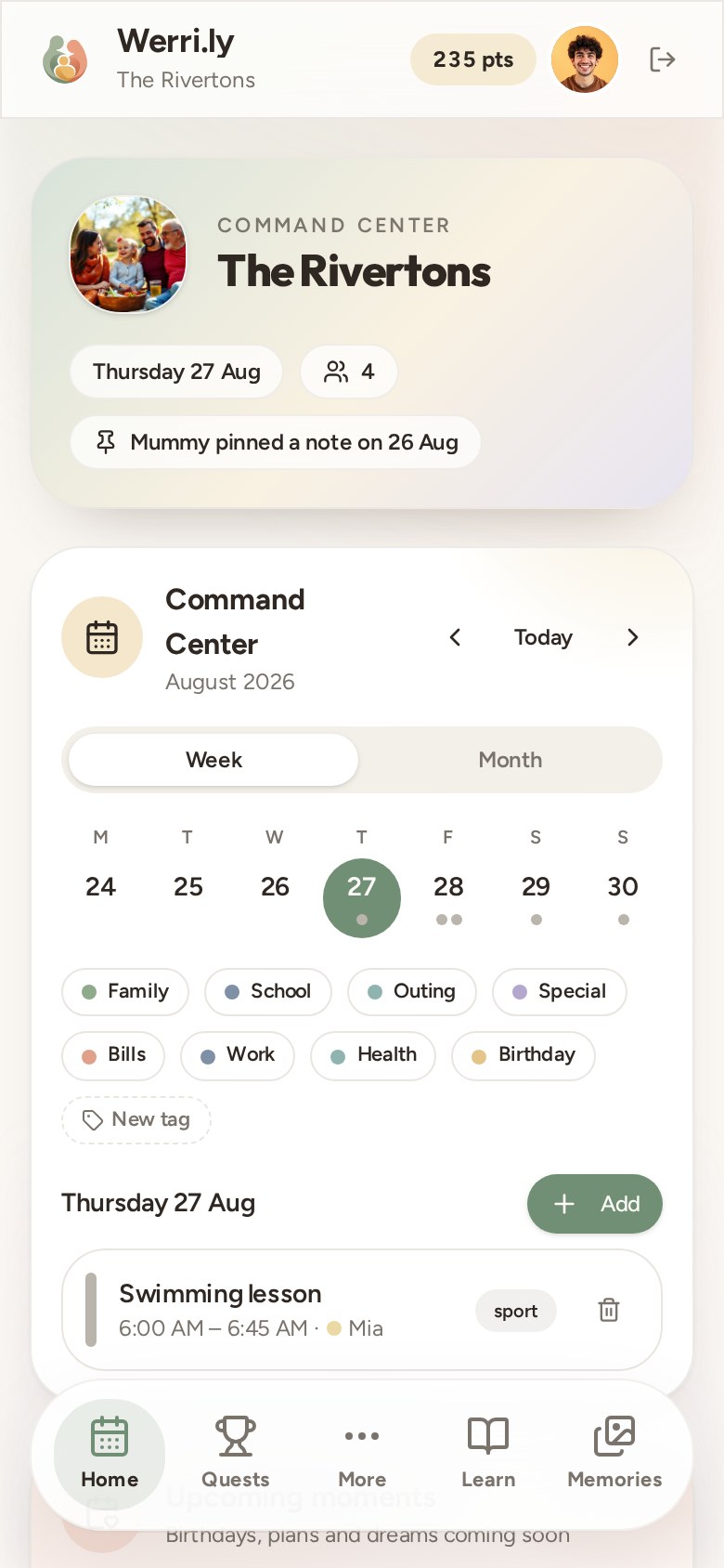 Werri.ly Command Center with the shared family calendar and grocery list