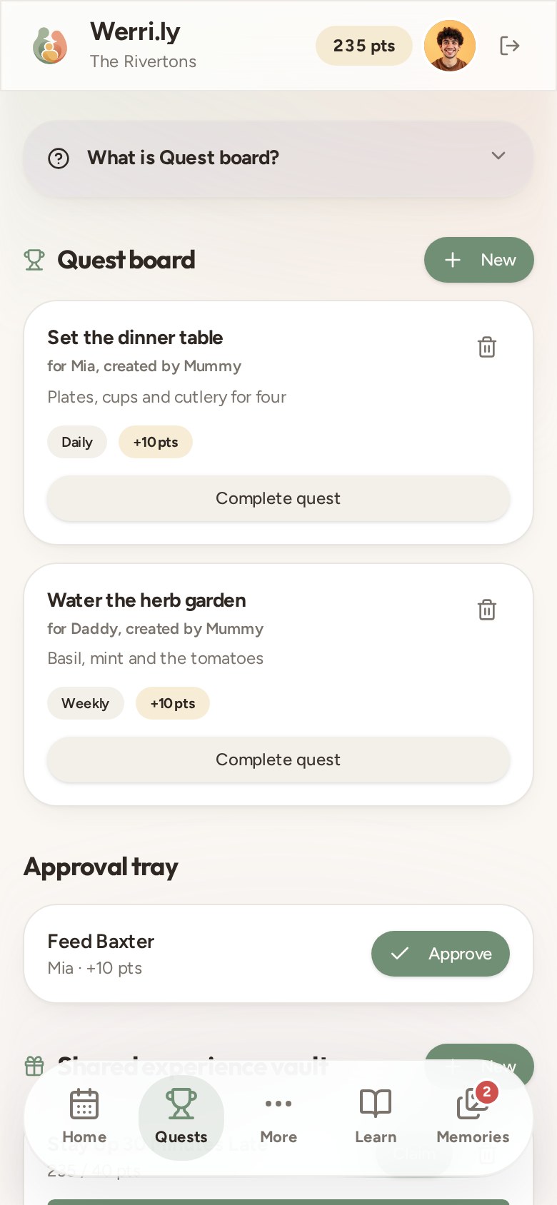 Werri.ly quest board with chore quests and the shared experience vault